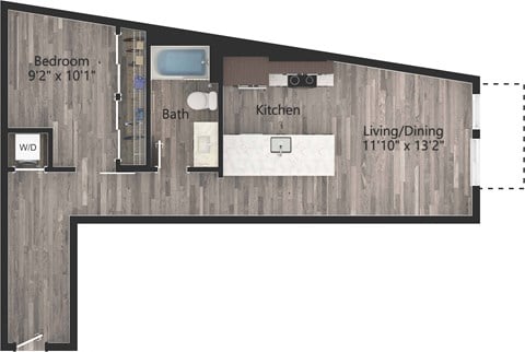 Floor plan for 1 bed, 1 bath, 716 sqft